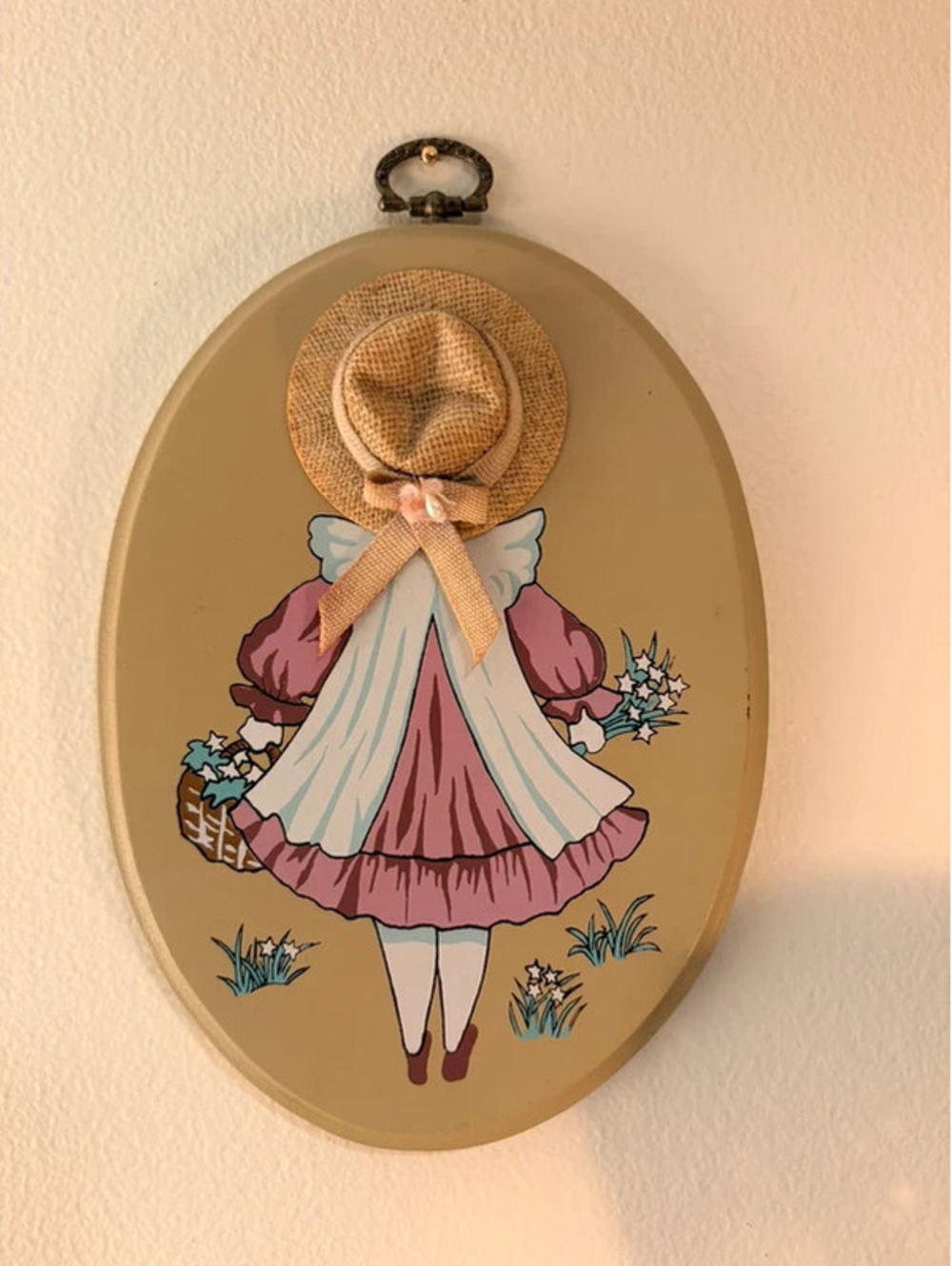 Vintage 1989 Enesco Girl Wall Plaque 3D Straw Hat Cottagecore Decor
